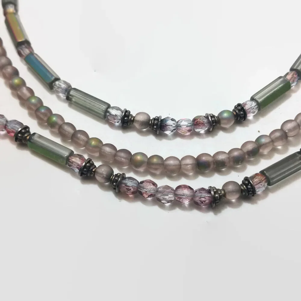 Gray Iris Tube & Round Bead Multi-Strand Necklace With Silver Tone Bead Caps
